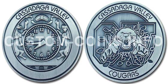 1.75 inch, die struck brass, antique silver custom made coin Cassadaga Valley School NY challenge coin